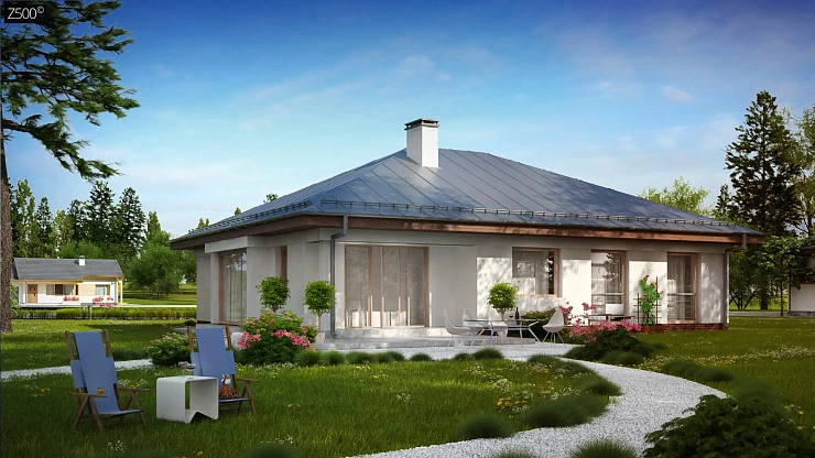 Функциональный одноэтажный дом с фронтальным гаражом для двух авто, большим хозяйственным помещением, с кухней со стороны сада Z207